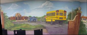 Mural depicting WPA era school and modern school bus.